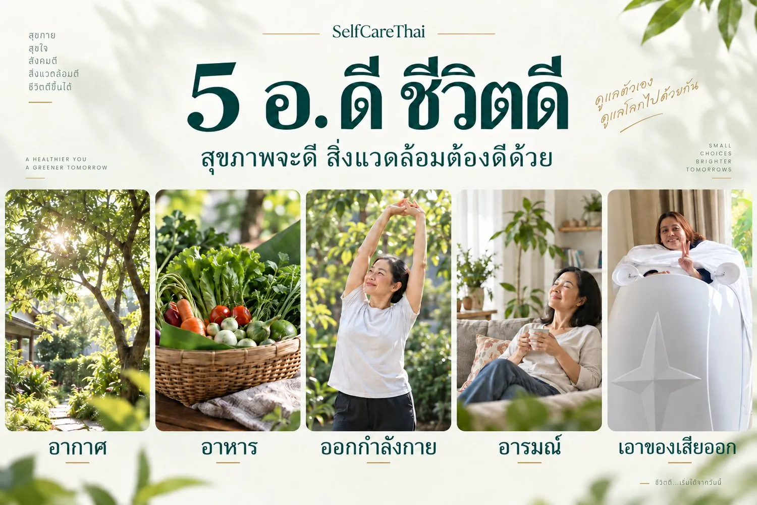 5 อ. ดี ชีวิตดี — สุขภาพจะดี สิ่งแวดล้อมต้องดีด้วย: อากาศ อาหาร ออกกำลังกาย อารมณ์ และเอาของเสียออก