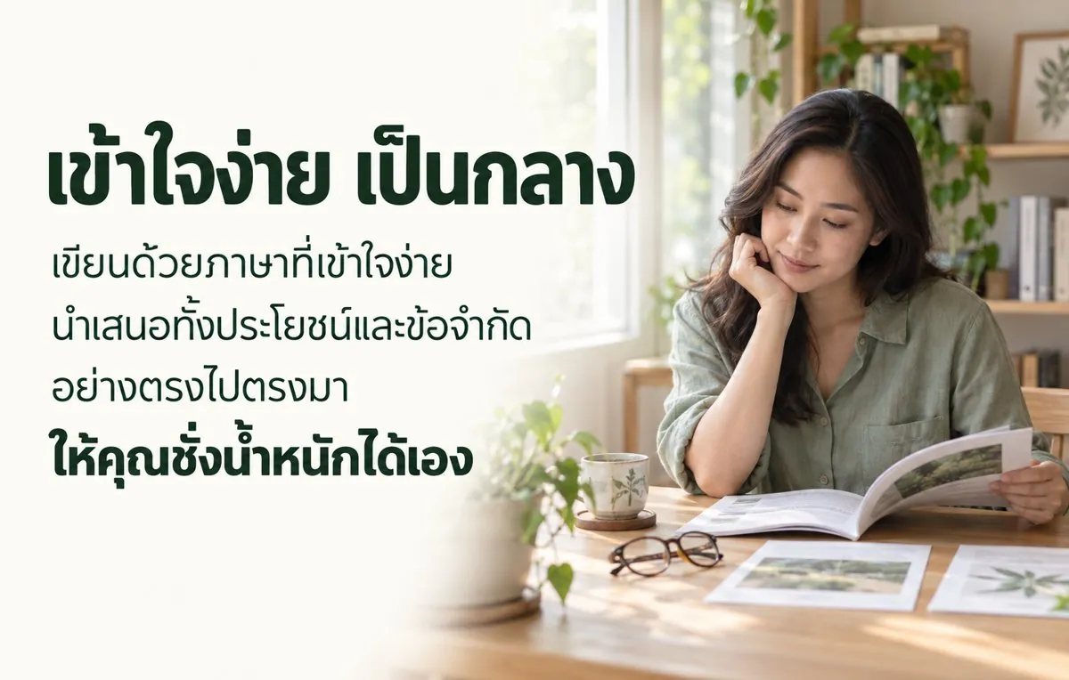เข้าใจง่าย เป็นกลาง — นำเสนอทั้งประโยชน์และข้อจำกัดอย่างตรงไปตรงมา ให้คุณชั่งน้ำหนักได้เอง